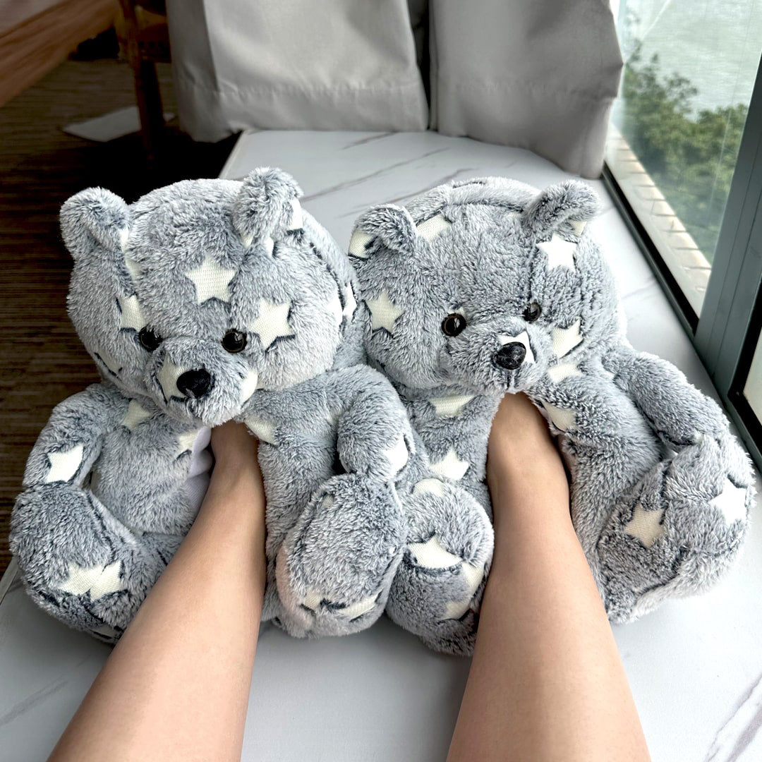 Glow in the Dark Teddy Bear Slippers | Night Glow Fluorescent House Slippers | My Sockmates