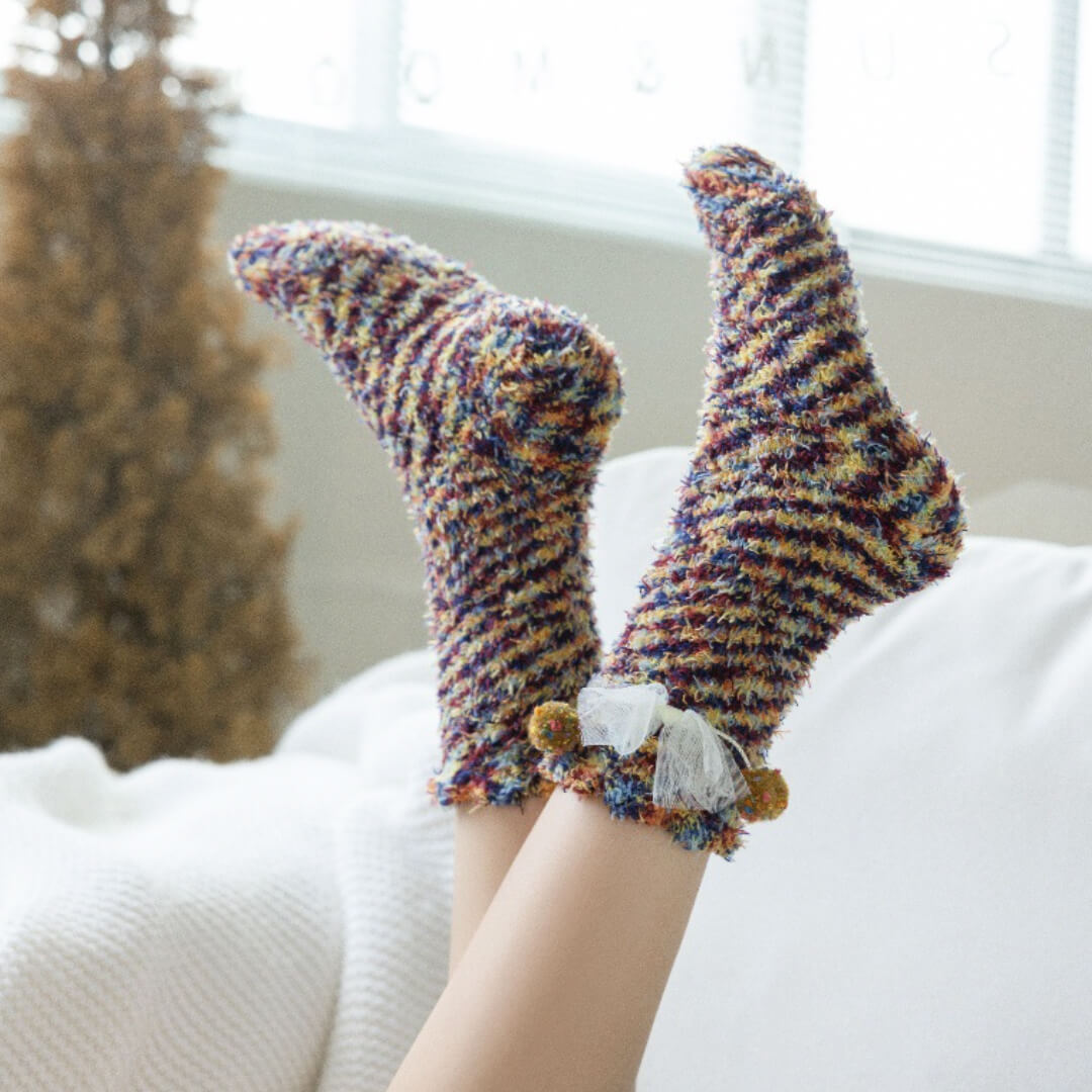 Yellow & Purple Bow & Bobble Fuzzy Socks | My Sockmates