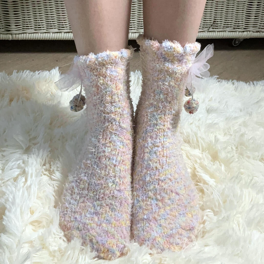 Pink Bow & Bobble Fuzzy Socks | My Sockmates