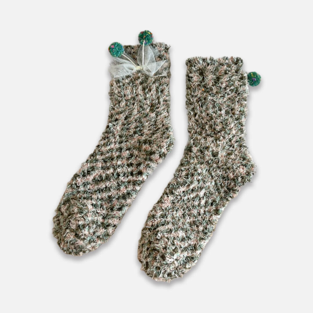 Green Bow & Bobble Fuzzy Socks | My Sockmates