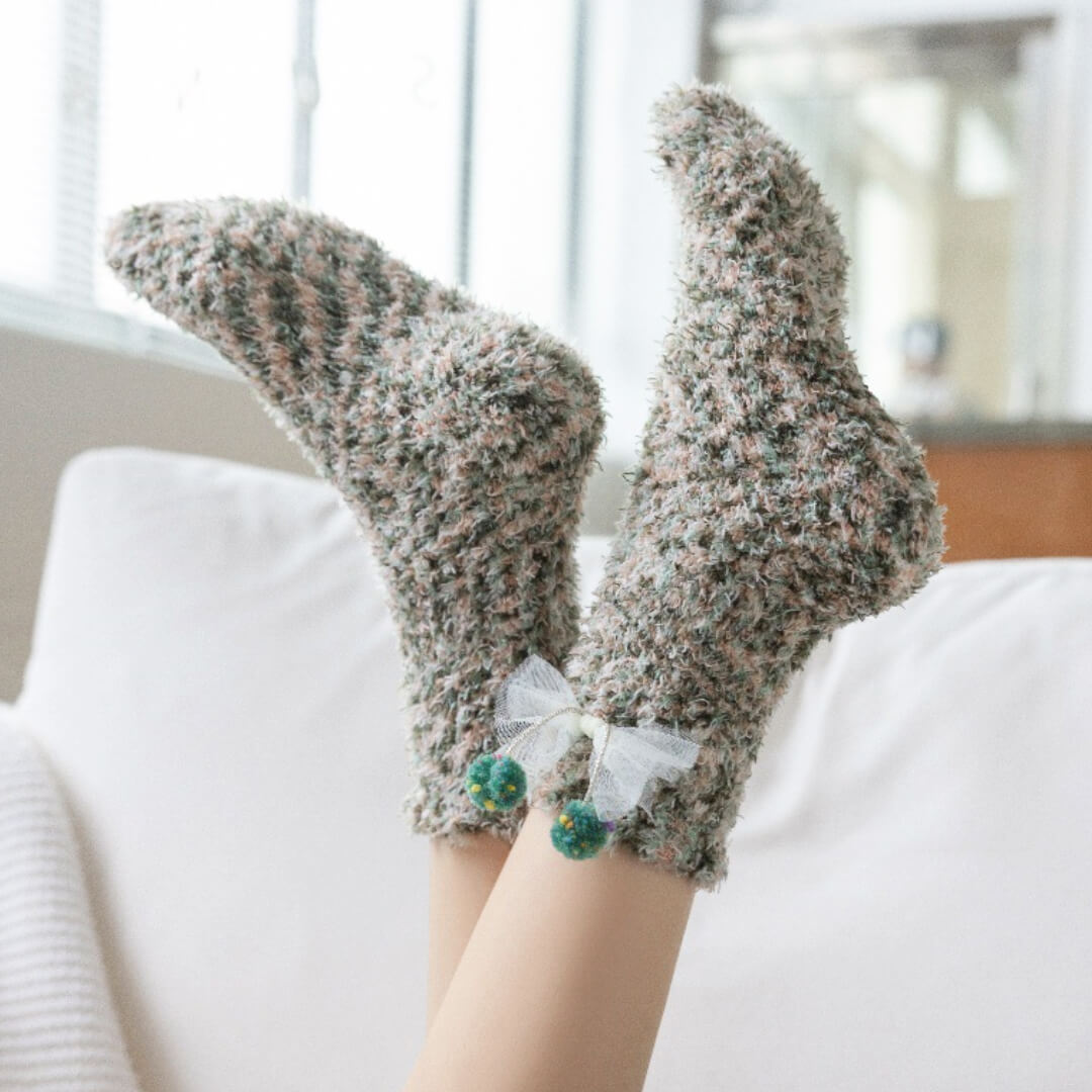 Green Bow & Bobble Fuzzy Socks | My Sockmates