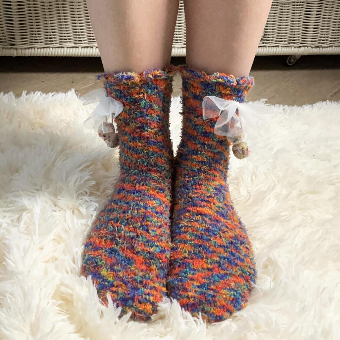 Orange & Blue Bow & Bobble Fuzzy Socks | My Sockmates