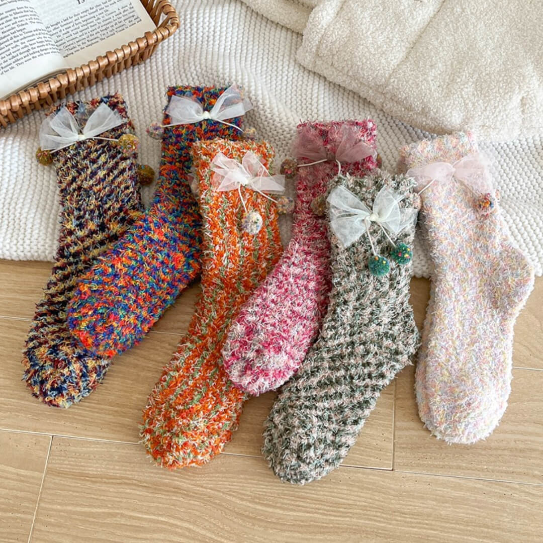 Bow & Bobble Fuzzy Socks | My Sockmates