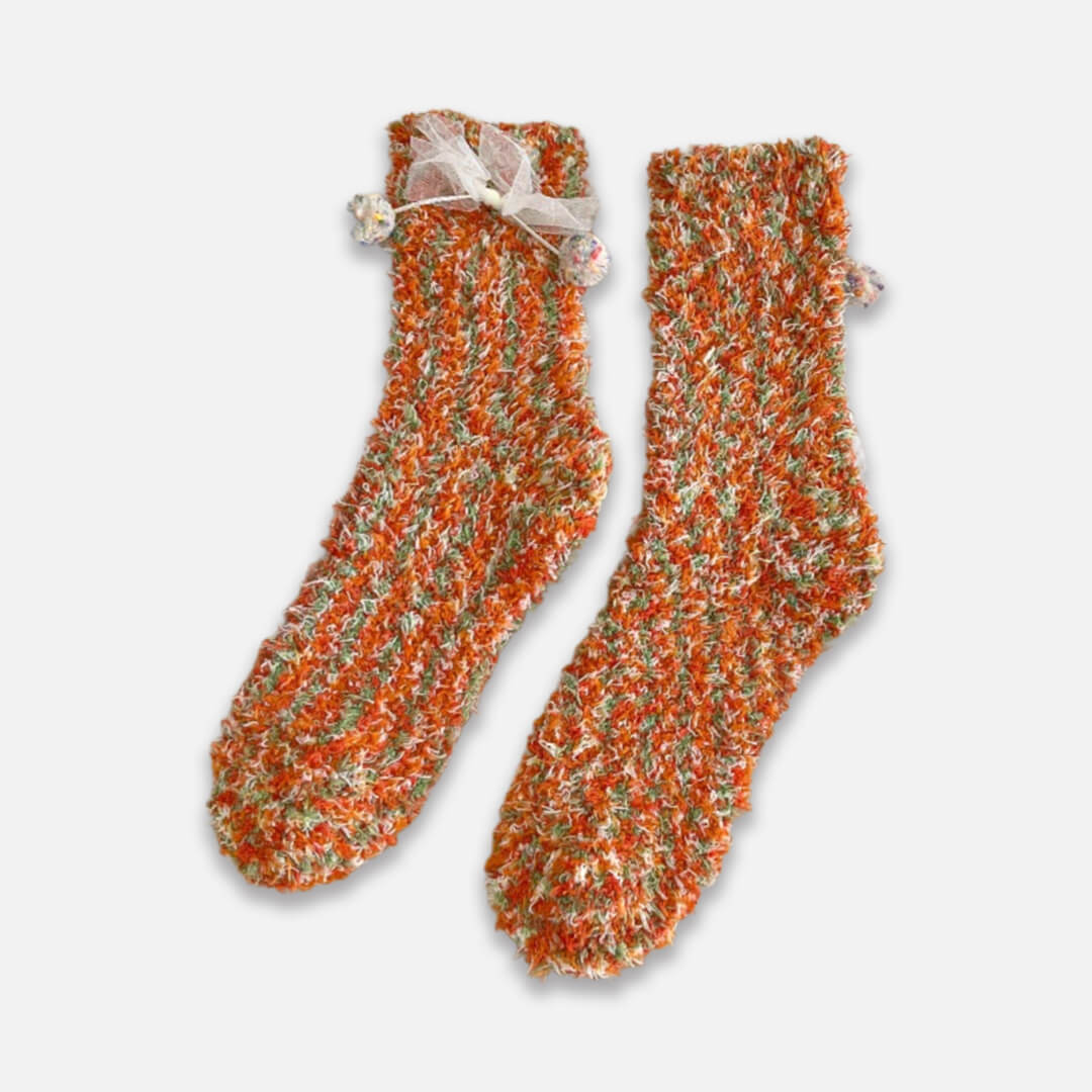 Orange & Green Bow & Bobble Fuzzy Socks | My Sockmates