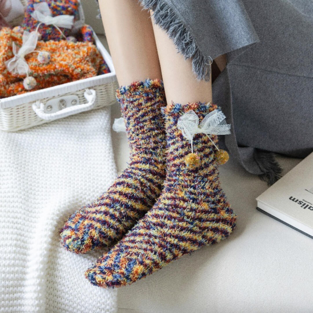 Yellow & Purple Bow & Bobble Fuzzy Socks | My Sockmates