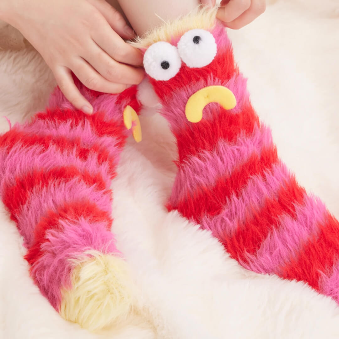 Red & Pink Striped Goofy Pals Fuzzy Socks for Women | My Sockmates