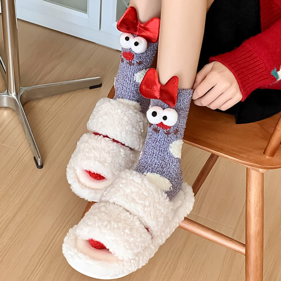 Woman Wearing Polka Kitty Fuzzy Socks | My Sockmates